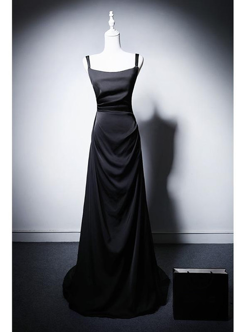 Black Halter Beaded Pleated Satin Blackless Long Prom Dress with Slit,DP1570
