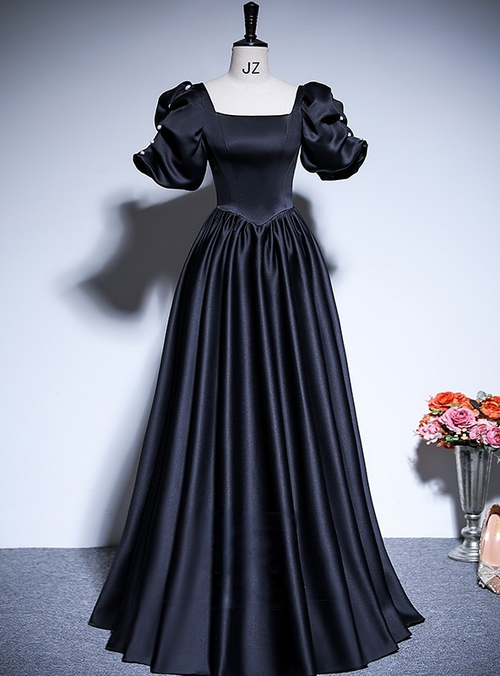 Beading Square Neck Black Puffy Sleeve Satin Prom Dress main image 1