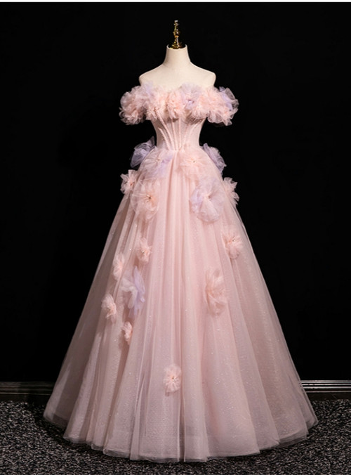 Pink Tulle Off the Shoulder Beading Feather Prom Dress main image 0