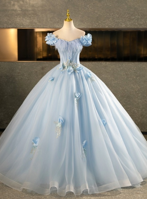 Off Shoulder Sleeveless 3D Flowers Appliques Blue Quinceanera Dress Sweet 16 WQ1028