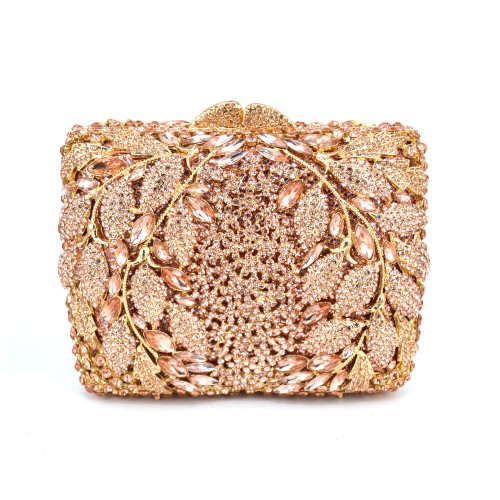 Leaves Pattern Luxury Champagne Crystal Diamond Clutch Bag