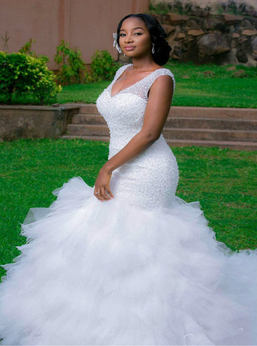 Luxury White Mermaid Tulle V-neck Backless With Beading Wedding Dress