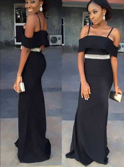 Long Cold-Shoulder Bridesmaid Dress with Beaded Waist for African Women