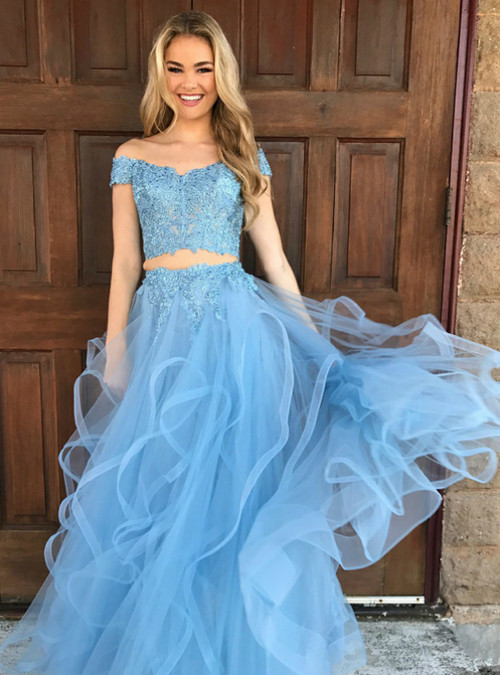 Long Light Blue Tulle Prom Dresses with Lace/Beads Off the Shoulder ...