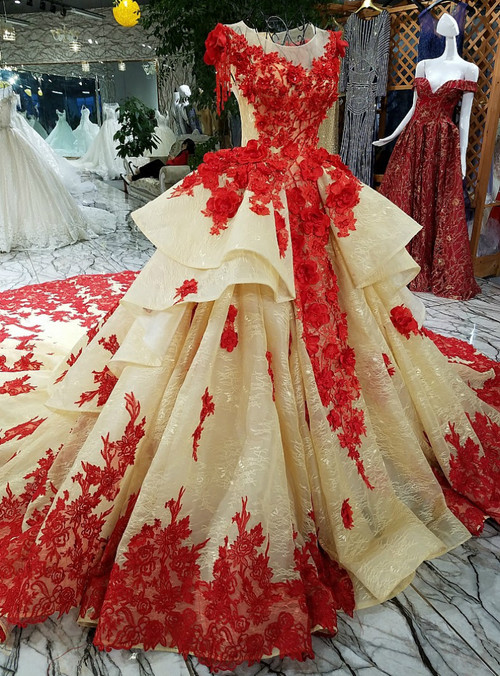 Fashionable Ball Gown Red Flowers Prom Dress With Lace Wedding Dress