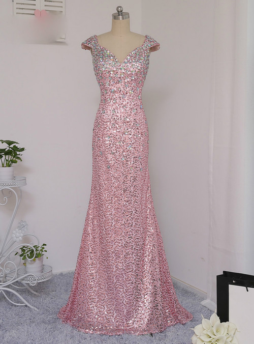 2017 Pink Prom Dresses Mermaid Cap Sleeves Crystal Sequins Long ...