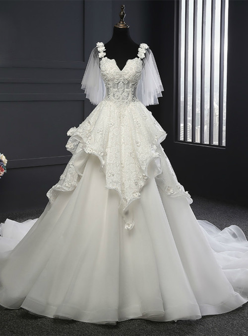Stunning A-line White Tulle Appliques Wedding Dress,White Bridal Dress Y5220