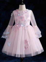 Pink Long Sleeve Tulle Appliques Scoop Neck Flower Girl Dress