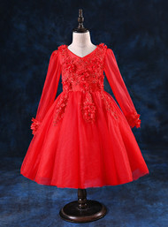 Red Long Sleeve Tulle Appliques Flower Girl Dress