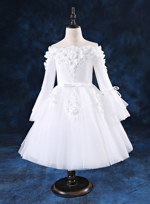 White Off The Shoulder Tulle Long Sleeve Appliques Flower Girl Dress 2018