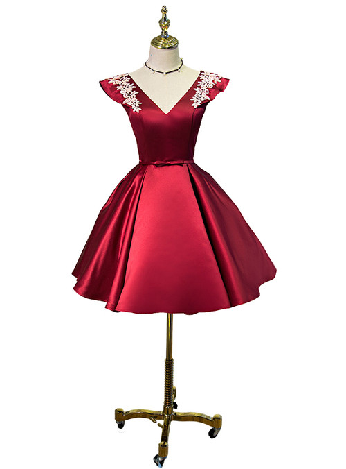 Pretty V Neck Satin Red Short party Dress Formal Homecoming Dress Birthday Outfits