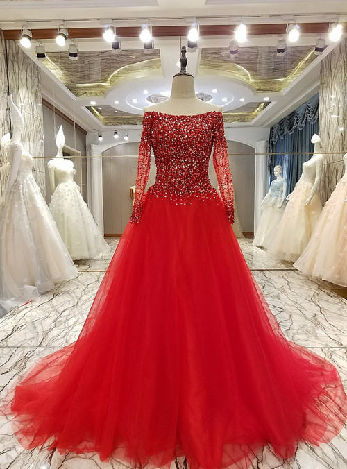 A-line Red Crystal Beading Long Sleeved Prom Party Gowns