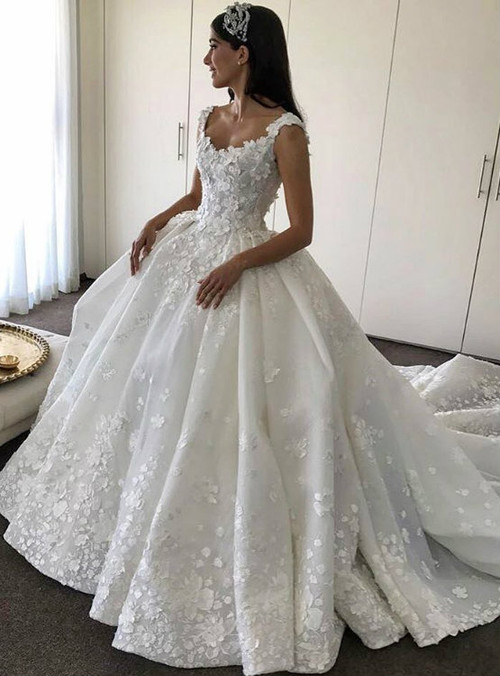 Bridal Dresses Lace Flowers Appliques Wedding Dresses