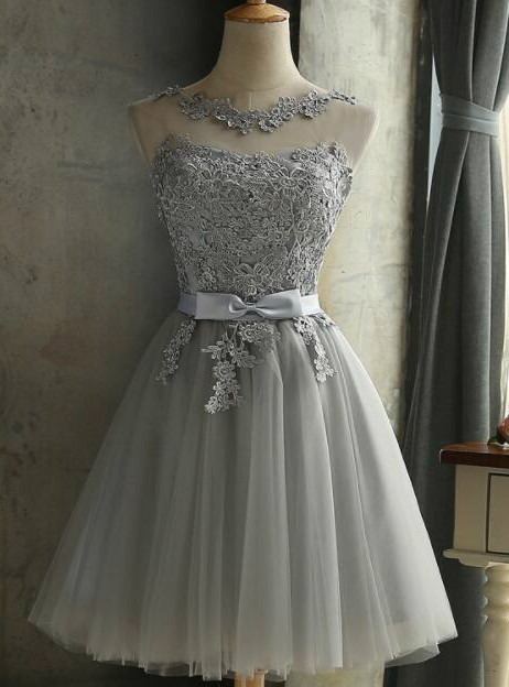 Unique Gray Tulle Lace Short Prom Dress Homecoming Dress