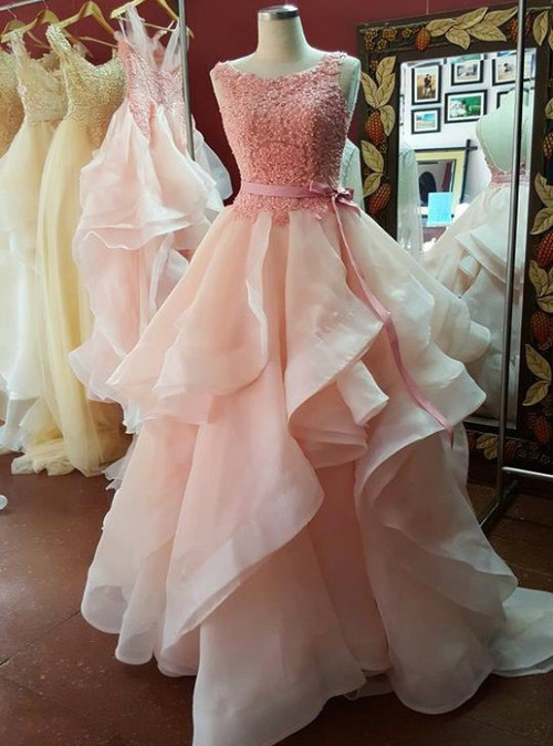 Scoop Neckline Pink Organza Prom Dresses Long with Bow Belt Party ...