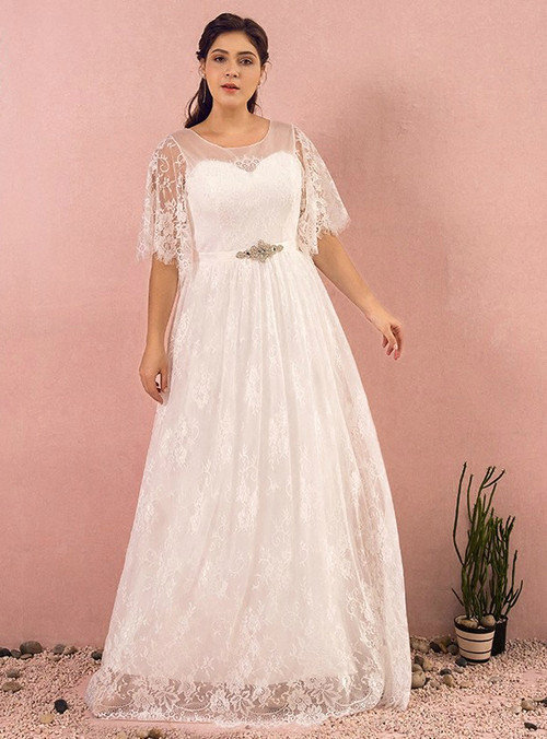 Plus Size White Lace Short Sleeve Sash Zipper Up Wedding Dress