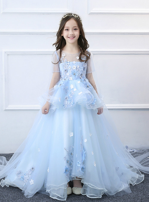 In Stock:Ship in 48 hours Ball Gown Blue Tulle Appliques Flower Girl Dress