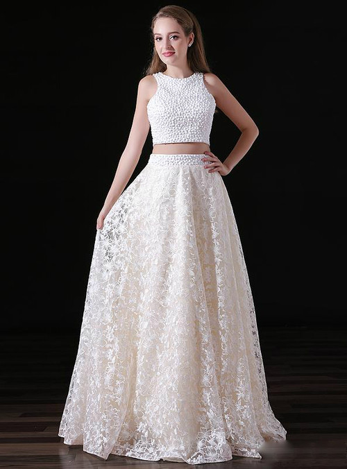 Two-Piece High-Neck Lace White Prom Dress With Pearls