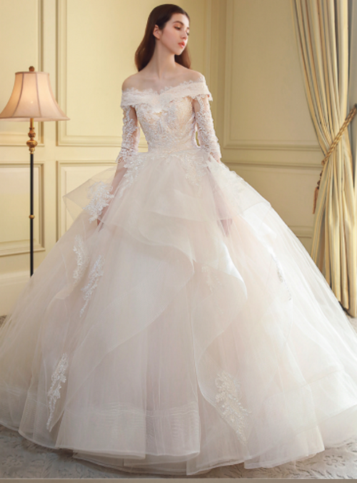 Luxury Ball Gown Off The Shoulder Short Sleeves Sequin White Wedding Dresses Brides Dress