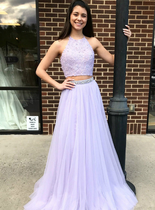 Lavender Two Piece Halter With Lace Appliques Prom Dress