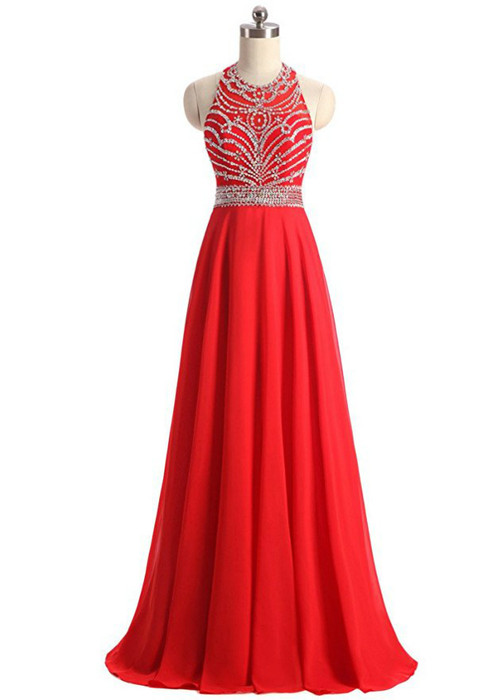 A-Line/Elegant Halter Sleeveless Beading Chiffon Prom Dresses main image 1