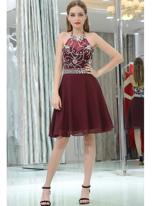 Women's Sleeveless Dresses Burgundy Open Back Halter Cowl Neck Short Dress Homecoming Dress