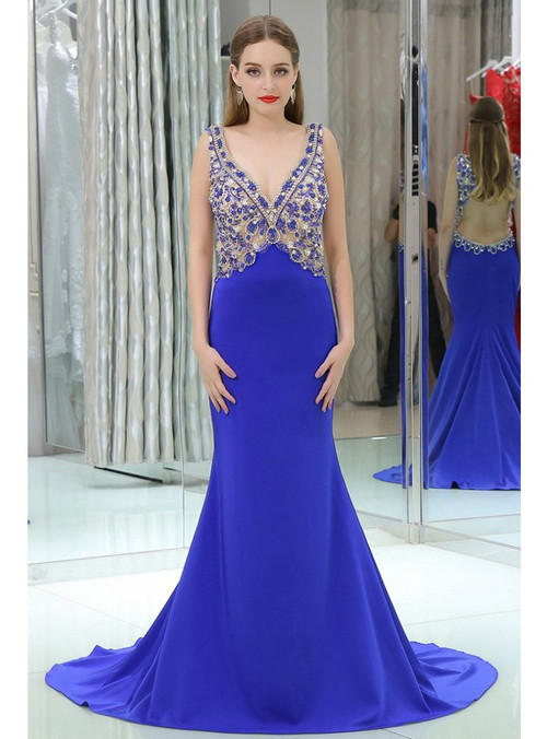 Mermaid Blue V-neck Backless With Beading Prom Dress