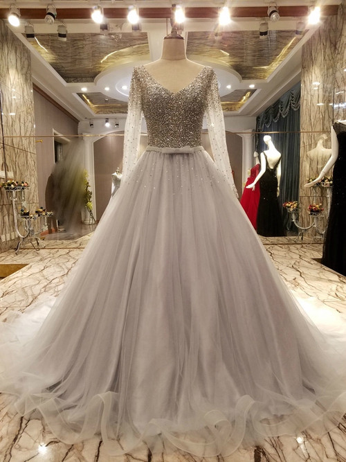 Gray V-neck Long Sleeve Backless Beading Wedding Dress