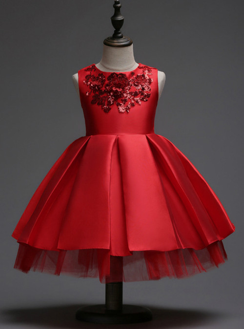 In Stock:Ship in 48 hours Quick Deilvery Red Satin Flower Girl Dress