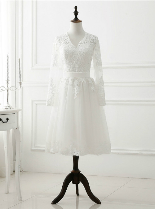 Vintage White Short Wedding Dress Long Sleeve Lace Tulle