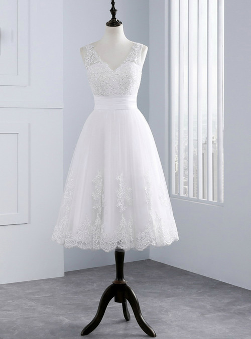 Lace Short V-Neck Appliques Tea Length Wedding Dress