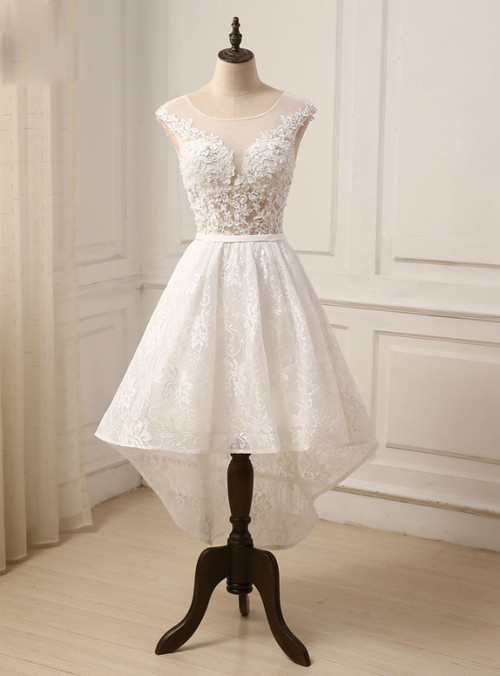 Cap Sleeve Applique Beaded Lace Hi-Lo Wedding Gowns
