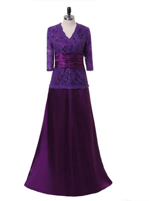 A-line Purple V-neck 3/4 Sleeves Mother Of The Bride Dresses