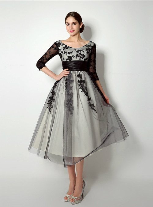 Black Lace Tulle 3/4 Sleeve Tea Length Prom Dress
