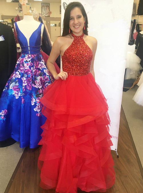 Red Ruffled High Neck Open Back Tulle Prom Dresses