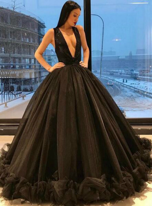Black Ball Gown Tulle Deep V-neck Sleeveless Prom Dress
