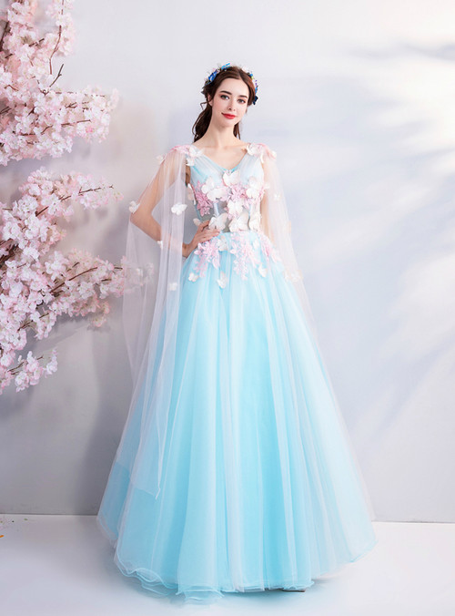 In Stock:Ship in 48 hours Blue Tulle V-neck Appliques Prom Dress