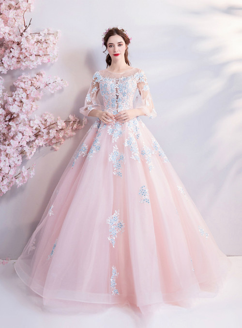 In Stock:Ship in 48 hours Pink Long Sleeve Tulle Quinceanera Dresses