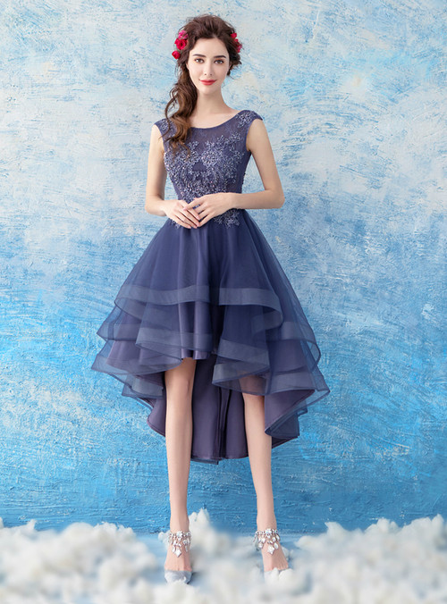 In Stock:Ship in 48 hours Blue Hi Lo Tulle Appliques Homecoming Dress