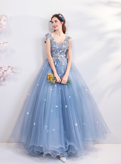 In Stock:Ship in 48 hours Blue V-neck Tulle Quinceanera Dresses