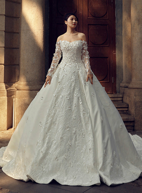 White Ball Gown Off The Shoulder Long Sleeve Backless Wedding Dress