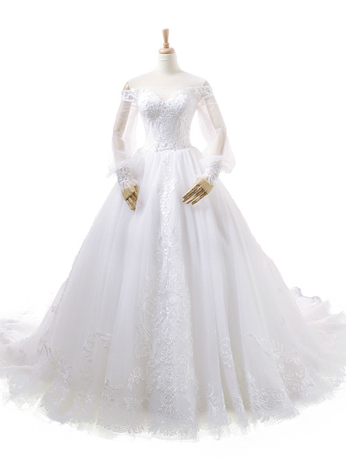 Simple Ball Gown Off The Shoulder Long Sleeves White Wedding Dresses