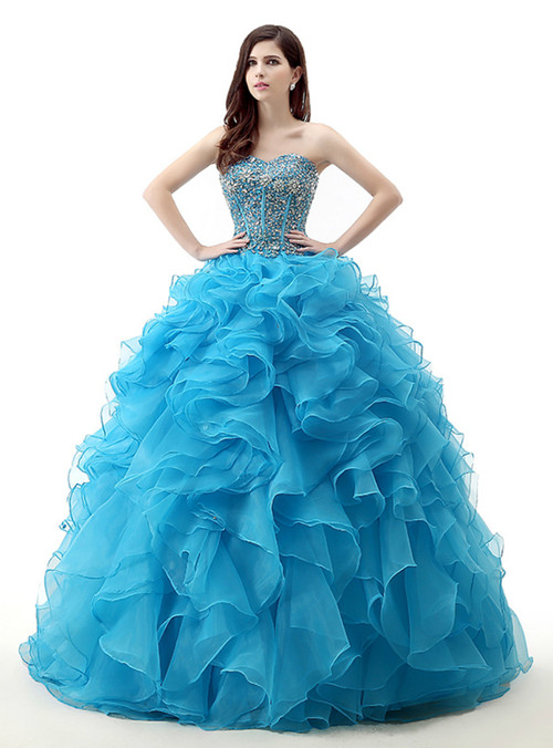 Blue Ball Gown Organza Sweetheart Beading Quinceanera Dresses