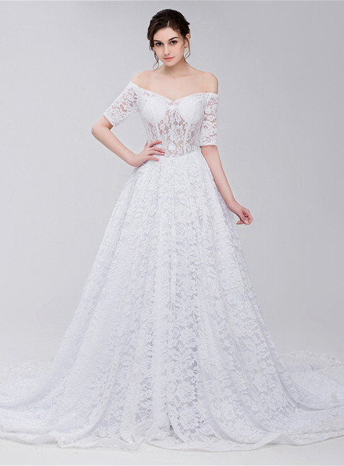 White Lace Off The Shoulder Short Sleeve Corset Wedding Dress