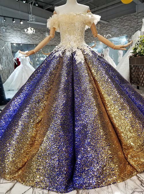 Ball Gown Blue Gold Sequins Off The Shoulder Appliques Wedding Dress