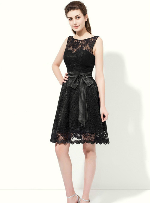 A-Line Black Lace Backless With Sash Knee Length Bridesmaid Dress