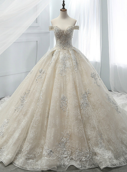 Champagne Ball Gown Tulle Appliques With Beading Off The Shoulder ...