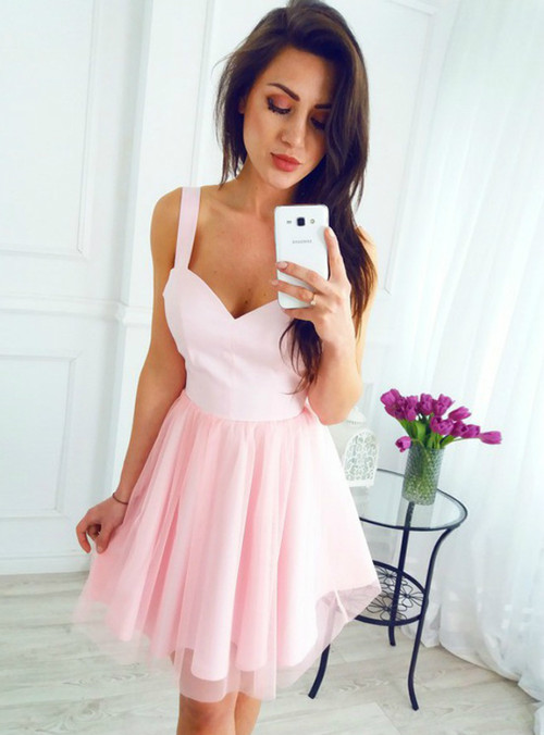 A Line Scoop Sleeveless Short Pink Tulle Homecoming Dress