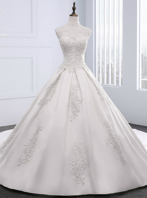 White Satin Appliques Pearls High Neck With Train Wedding Dress