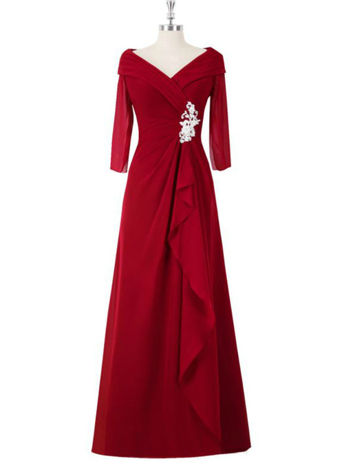 A Line Red Full Sleeve V-Neck Long Mother of the Bride Dressess